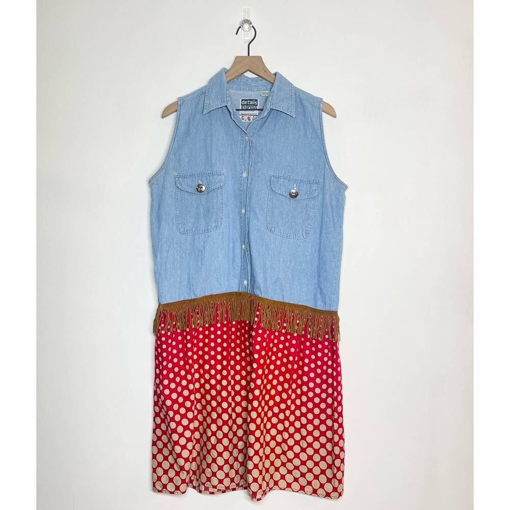 Vintage Details Express Tunic Shirt Women's Size Large‎ Blue Chambray Fringe 90s